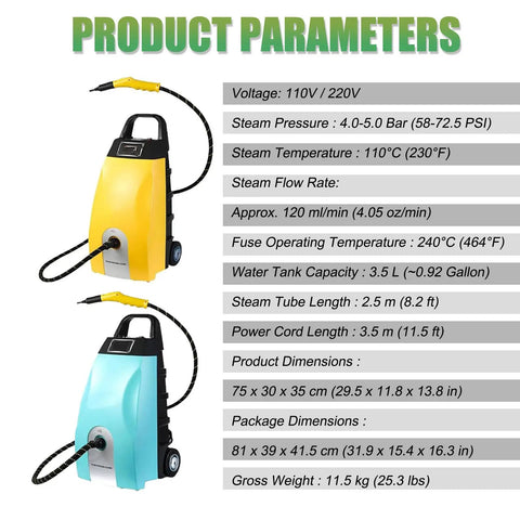 Heavy Duty High Pressure Steam Washer With Large Capacity Tank And Lightning Fast Heat Up specifications chart with product dimensions and features.