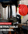 Mounted retractable extension cord reel 80 ft, 12 AWG industrial grade cable, worksite ready, with glow strip LED light.