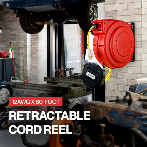 Mounted retractable extension cord reel 80 ft, 12 AWG industrial grade cable, worksite ready, with glow strip LED light.