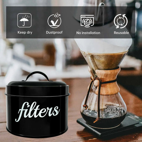 White Enamel Round Coffee Filter Holder with Lid for Counter Top Storage Keeps Your Filters Organized in a Rustic Farmhouse Style