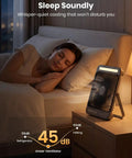 20,000mAh Portable Camping Fan With LED Lantern on nightstand beside sleeping person in bedroom, displaying 45dB noise level