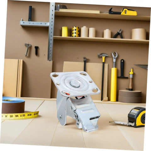 Rugged Steel Swivel Caster Bracket With Locking Brake And Four Inch Wheels for heavy machinery on a workshop table.