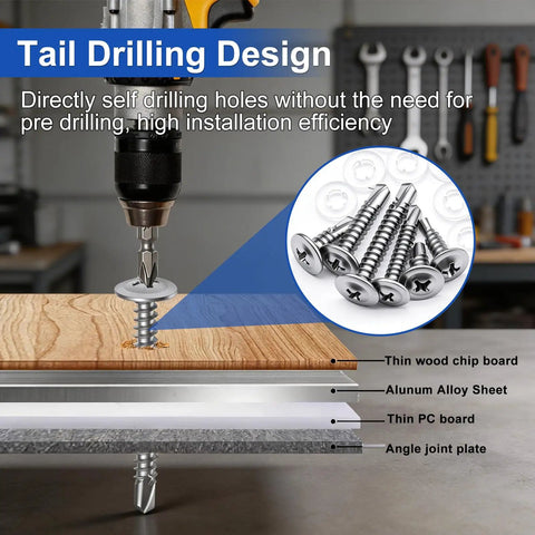 Wood Screws Assortment Kit With Eighteen Sizes Including 6 8 10 used on wood and metal, self tapping drilling in workshop setting.