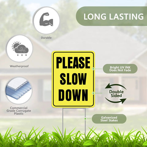 Please Slow Down Yard Sign With Stake 13x17 Inches Double Sided Corrugated Plastic Kids At Play Safety Sign in front of house