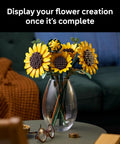 Botanical Sunflower Bouquet Building Kit For Adults 18 Plus DIY Floral Decor Craft For Home Office Bedroom Six Sunflowers In Various Stages Cool Gift For Birthdays Housewarming And Trendy Displays, LEGO-style sunflowers in glass vase