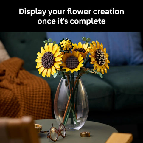 Botanical Sunflower Bouquet Building Kit For Adults 18 Plus DIY Floral Decor Craft For Home Office Bedroom Six Sunflowers In Various Stages Cool Gift For Birthdays Housewarming And Trendy Displays, LEGO-style sunflowers in glass vase
