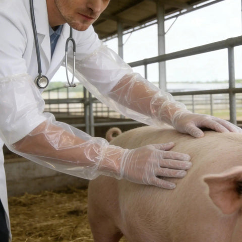 Didiseaon 150 Count Disposable Veterinary Long Sleeve Gloves With Extended Arm Length For Animal Handling Injections And Procedures Prevents Contact With Hair And Fluids, veterinarian examining pig.