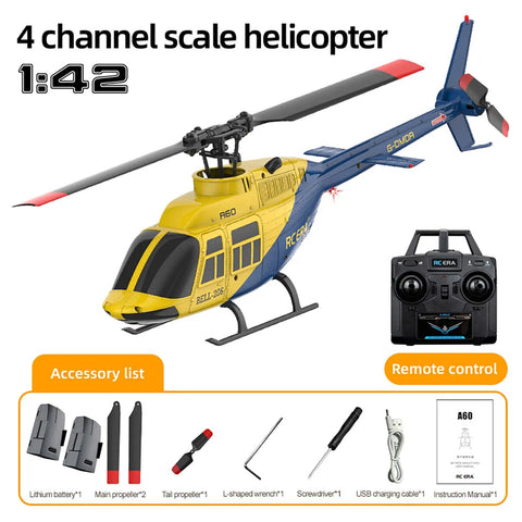 A60 206 Remote Control Helicopter For Adults And Beginners, 4CH RC Heli with accessories, six-axis gyro, scale 1:42, yellow and blue.