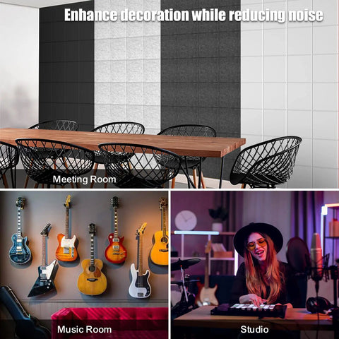 Snag These 12 Pack Acoustic Wall Panels With Self Adhesive Backing 12 By 12 By 0.4 Inch Sound Proof Foam Tiles In Sleek Black for a meeting room.