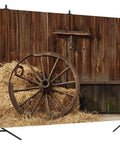 Cowboy Backdrop 7x5 Ft Vintage Western Barn Door Scene for Photoshoots and Parties with hay bale and wagon wheel in view