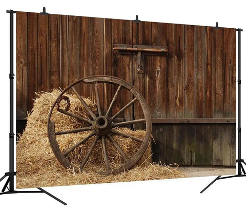 Cowboy Backdrop 7x5 Ft Vintage Western Barn Door Scene for Photoshoots and Parties with hay bale and wagon wheel in view