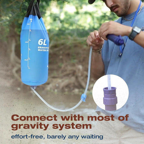 Man using Detachable Water Filter Straw 4 Pack For Outdoor Adventures with 6L gravity water system under trees.