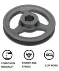 V Belt Sheave For 4L Or A Belt, Single Groove Web Sheave Cast Iron Durable Pulley Bored To Size For Precise Fit Outer Diameter 5.45 Inches Bore Seven Eighths Inch Includes Keyway And Hollow Head Set Screws. cast iron pulley with keyway shown front view