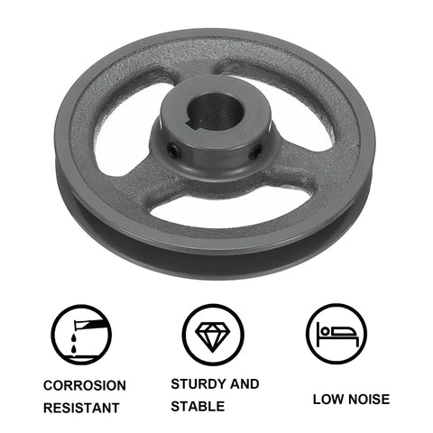 V Belt Sheave For 4L Or A Belt, Single Groove Web Sheave Cast Iron Durable Pulley Bored To Size For Precise Fit Outer Diameter 5.45 Inches Bore Seven Eighths Inch Includes Keyway And Hollow Head Set Screws. cast iron pulley with keyway shown front view