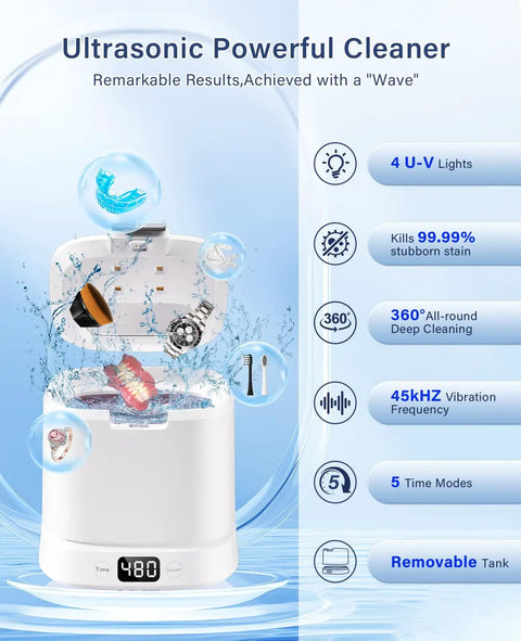 Ultrasonic Retainer Cleaner Machine With 45kHz Sonic Cleaning And Digital Timer Deep Clean For Dentures Aligners Braces Night Guards And Jewelry 319ml Capacity White Compact Countertop Design No Fuss Easy To Use Home Ready showing open lid with items and features