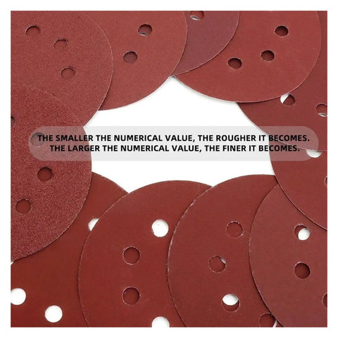 Check Out These 100 Pack 5 Inch Random Orbital Sanding Discs With Hook And Loop Backing, showing discs with 8 pre-punched holes.