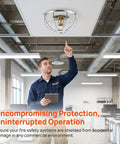 Built Like A Truck Fire Sprinkler Guard Screw Type Cage Cover Replacement For Upright Pendant And Horizontal Heads Knockout Impact Protector For Busy Home Office Or Hotel Basement. Silver steel cage cover over ceiling sprinkler in commercial setting.