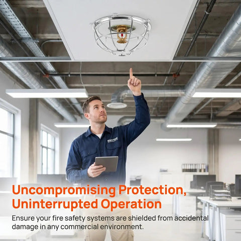 Built Like A Truck Fire Sprinkler Guard Screw Type Cage Cover Replacement For Upright Pendant And Horizontal Heads Knockout Impact Protector For Busy Home Office Or Hotel Basement. Silver steel cage cover over ceiling sprinkler in commercial setting.