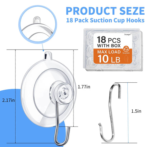 Ultra Strong 18 Pack Suction Cup Hooks With A Rock Solid 10 Pound Grip, Reusable Clear Adhesive Organization Hooks For Glass Tile Shower And Kitchen Windows That Make Hanging Things A Breeze