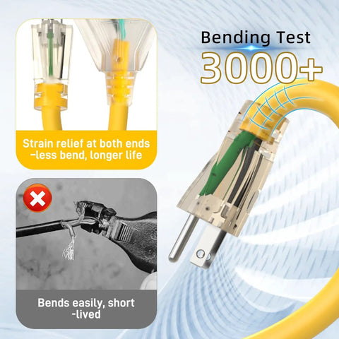 Heavy Duty Outdoor Extension Cord With Three Outlets And Lighted End 12 Gauge Waterproof SJTW Power Cable bending test display