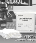 Top Shelf Polyester Microfiber Cleanroom Wipes 9X9 Inches 120 Gsm Class 100 Dead Soft Lint Free Reusable Washable Laser Sealed Straight Up Precision Grade For Lab Tech Surfaces Bag Of 150 with microscope and wipers in focus.