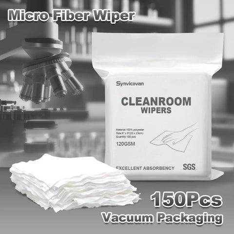 Top Shelf Polyester Microfiber Cleanroom Wipes 9X9 Inches 120 Gsm Class 100 Dead Soft Lint Free Reusable Washable Laser Sealed Straight Up Precision Grade For Lab Tech Surfaces Bag Of 150 with microscope and wipers in focus.