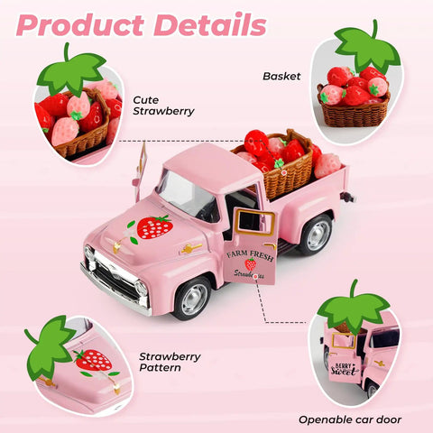 Pink Strawberry Pickup Truck Decor With Realistic Faux Strawberries for Cute Cozy Farmhouse Tiered Tray Accent in Spring