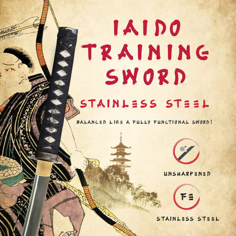 Close-up of Unsharpened Stainless Steel Wakizashi Iaito For Iaido Training 21 Inch Practice Sword on traditional artwork background