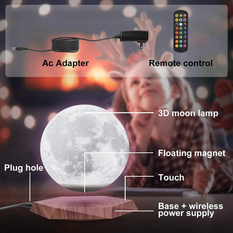 Levitating Moon Lamp With Remote, 6 Inch Floating 3D LED Moon Light With 18 Colors, Magnetic Spinning Base, shown on wood base.