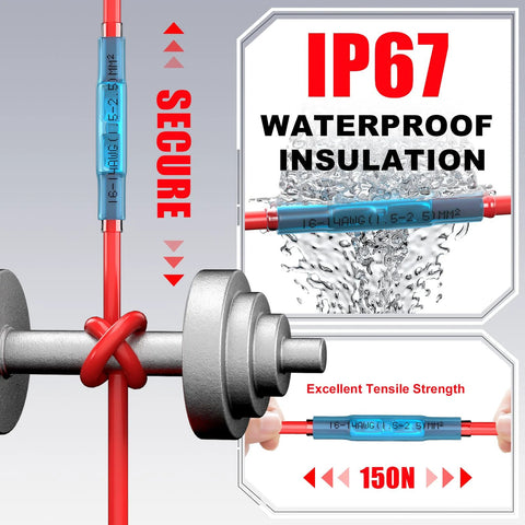 AIRIC blue insulated heat-shrink butt connectors for 22-16 AWG wires; red wires shown, 100-pc package.