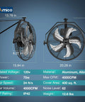 Dimensions and specifications of 18 Inch Wall Mount Fan With Remote Workhorse 9 Speed High Velocity Brushless DC Motor Delivers 4000 CFM.