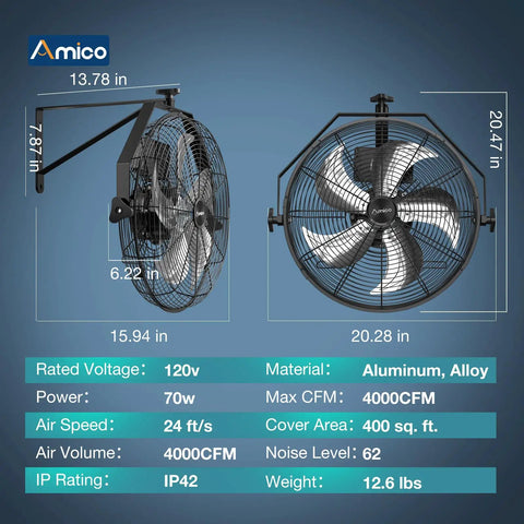 Dimensions and specifications of 18 Inch Wall Mount Fan With Remote Workhorse 9 Speed High Velocity Brushless DC Motor Delivers 4000 CFM.