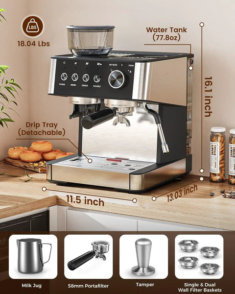 Espresso Machine With Built In Grinder For Home Barista Vibe, 15 Bar Pump, Milk Frother Steam Wand, Removable Water Tank