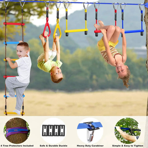 Kids playing on Backyard Kids Slackline Obstacle Course Kit With 65Ft Line And 13 Obstacles, Quick Install Buckles No Threading
