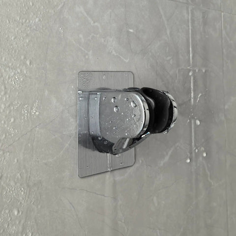 Heavy Duty Shower Head Holder With Tough As Nails Adhesive on textured tile, waterproof chrome finish, corrosion resistant ABS.