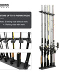 Garage Wall Mount Fishing Rod Holder Holds Up To 10 Rods With Vertical Horizontal And Ceiling Mount Options Black WV4