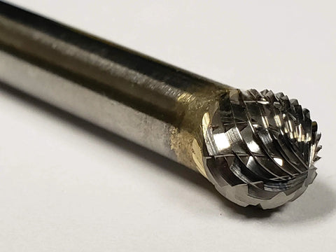 Close-up of a 5 Sixteenth Inch SD-2 Ball End Double Cut Solid Carbide Bur for precise stock removal and smooth finishes on metals