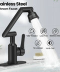 Top Shelf Stainless Steel Bathroom Sink Faucet With Slick Matte Black Finish And Full 1080 Degree Swivel Spout in action with water flow.