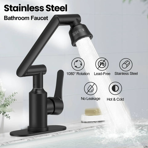 Top Shelf Stainless Steel Bathroom Sink Faucet With Slick Matte Black Finish And Full 1080 Degree Swivel Spout in action with water flow.