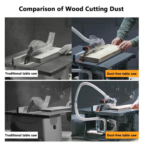 Comparison of traditional table saw and 8.5 Inch Dust Free Table Saw With Beast Mode Motor, showing dust control.