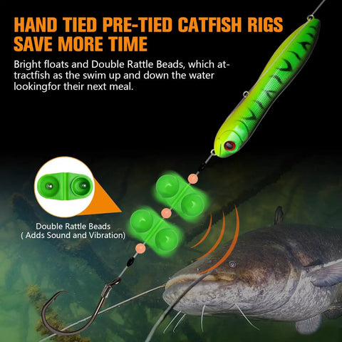Catfish Float Rig Set With Rattles For Catfishing Tackle Easy Bank Fishing Rig With Circle Hooks And Peg Floats Santee Rig Style Catfish Rig Kit 6 Pack, showing a green rattling float and hooks near a swimming catfish.