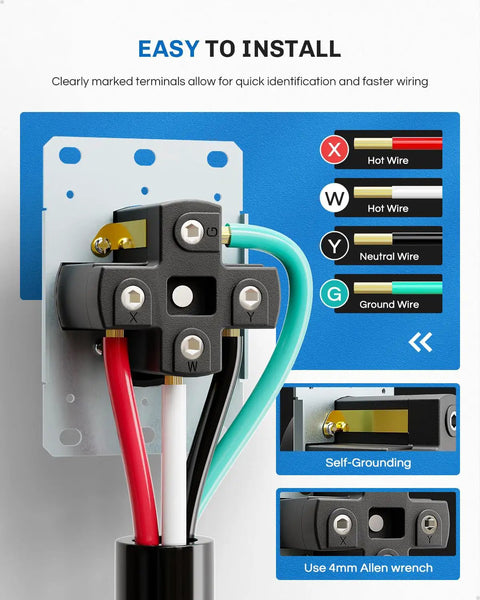 Close-up of Heavy Duty Nema 14-50r Ev Charging Outlet Box terminal connections with labeled wiring for easy installation.