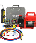 Front view of Pro Grade Vacuum Pump And Gauge Set with 4 Way Aluminum Manifold Leak Detector and PVC Storage Case for AC Maintenance.