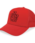 Red Washed Distressed Trucker Hat For Women Men Teens Lightweight Breathable Low Profile Baseball Cap Cute Lid That Goes With Dressy Or Casual Outfits One Size Fits Most Everyday Accessory front view with 'No Crying On The Yacht' text.