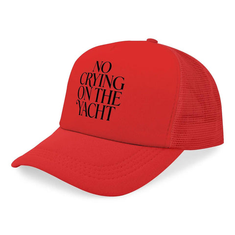 Red Washed Distressed Trucker Hat For Women Men Teens Lightweight Breathable Low Profile Baseball Cap Cute Lid That Goes With Dressy Or Casual Outfits One Size Fits Most Everyday Accessory front view with 'No Crying On The Yacht' text.