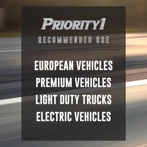 Priority1 brake pads banner: recommended use for European vehicles, premium vehicles, light-duty trucks, and electric vehicles