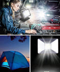 Collage of Magnetic 15W LED Work Light With 180 Degree Rotation Waterproof Spotlight in car repair, camping, and spotlight close-up.