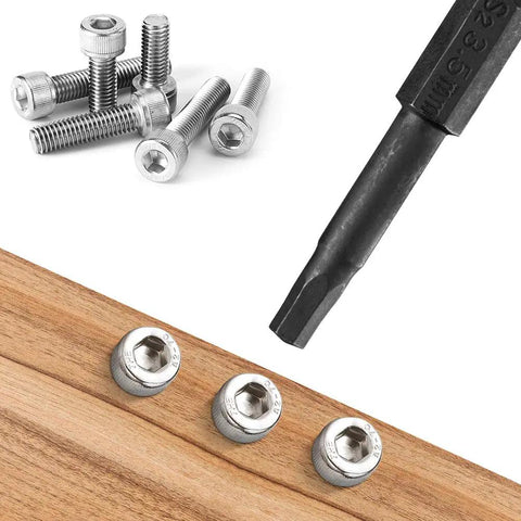 Rugged S2 Steel Hex Head Screwdriver Bit Set, 10 Pieces, 1.5-8mm Metric Range, closeup of bit with screws in wood