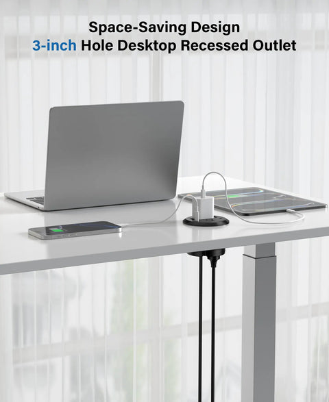 Sleek Flush Mount Power Grommet Featuring Four Standard Outlets And Four USB C Fast Charging Ports For Your Next Big Boss Setup, 3-inch black circular design under desk.