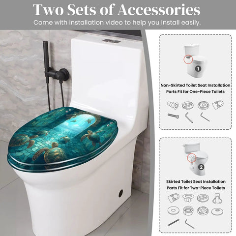 Elongated Resin Toilet Seat for Bathroom with turtle design, fitting most toilets, installation accessories included.
